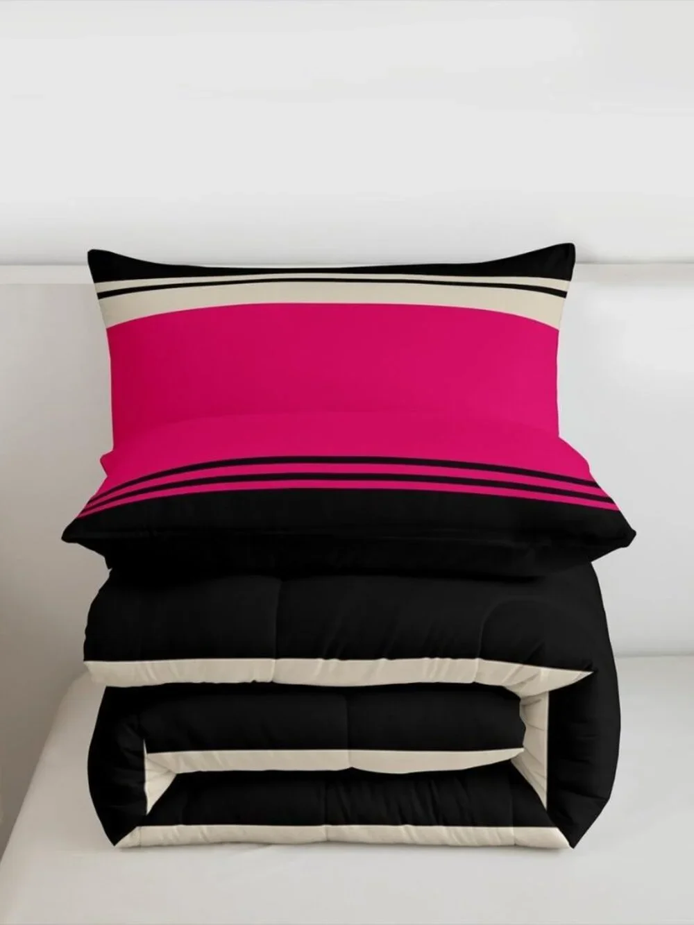 Patchwork Striped Comforter Set Hot Pink Black Stripes Bedding Sets Aesthetic Ge